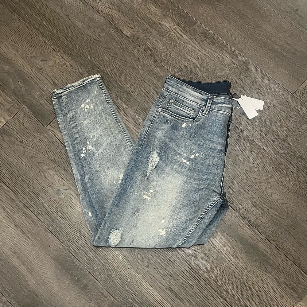 Boohoo Mens Skinny Stretch Rip & Repair Bleach Split Jeans Size 34 Light Blue